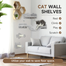 PawHut 4PCs Cat Wall Shelves with Steps, Ladder, Jumping Platforms, Light Grey - Aosom UK - thumbnail 4