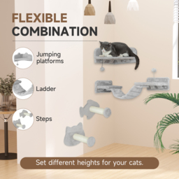 PawHut 4PCs Cat Wall Shelves with Steps, Ladder, Jumping Platforms, Light Grey - Aosom UK - thumbnail 5