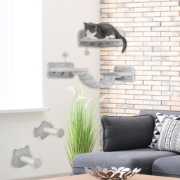 PawHut 4PCs Cat Wall Shelves with Steps, Ladder, Jumping Platforms, Light Grey - Aosom UK - thumbnail 2