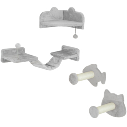 PawHut 4PCs Cat Wall Shelves with Steps, Ladder, Jumping Platforms, Light Grey - Aosom UK - thumbnail 1
