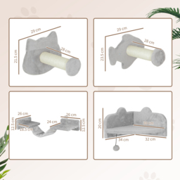 PawHut 4PCs Cat Wall Shelves with Steps, Ladder, Jumping Platforms, Light Grey - Aosom UK - thumbnail 3