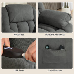HOMCOM Recliner Armchair Lift Chair, Electric Recliner Chair with Vibration Massage and Heat, Wide Seat, USB Port, Grey - thumbnail 7