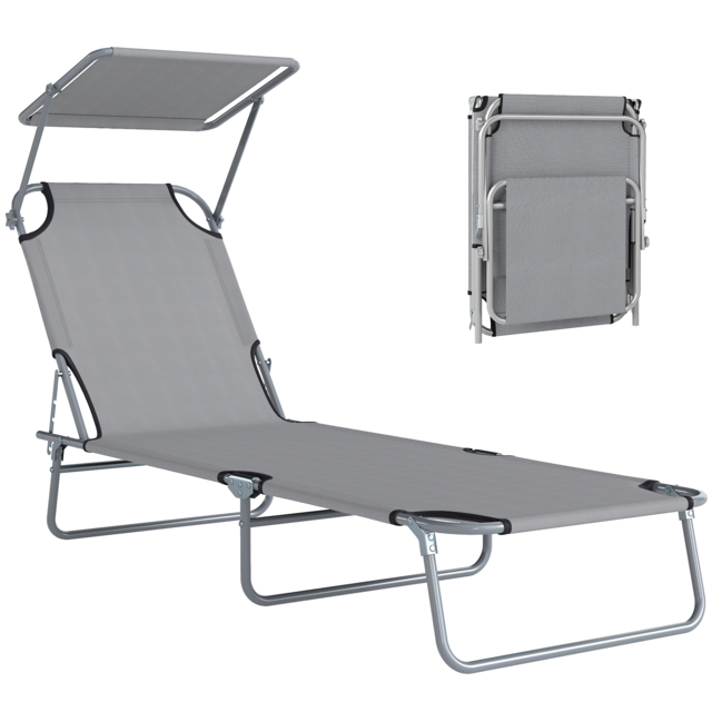 Outsunny Folding Recliner Chair with Adjustable Back and Sun Shade, Perfect for Outdoor Patio & Garden, Light Grey - Aosom UK - image 1