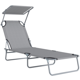 Outsunny Folding Recliner Chair with Adjustable Back and Sun Shade, Perfect for Outdoor Patio & Garden, Light Grey - Aosom UK - thumbnail 1