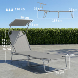 Outsunny Folding Recliner Chair with Adjustable Back and Sun Shade, Perfect for Outdoor Patio & Garden, Light Grey - Aosom UK - thumbnail 3