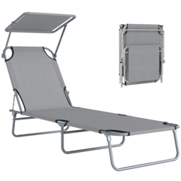 Outsunny Folding Recliner Chair with Adjustable Back and Sun Shade, Perfect for Outdoor Patio & Garden, Light Grey - Aosom UK - thumbnail 1