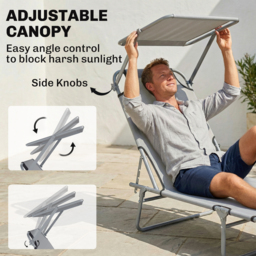Outsunny Folding Recliner Chair with Adjustable Back and Sun Shade, Perfect for Outdoor Patio & Garden, Light Grey - Aosom UK - thumbnail 4