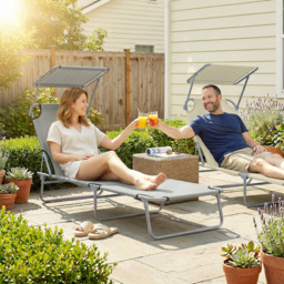 Outsunny Folding Recliner Chair with Adjustable Back and Sun Shade, Perfect for Outdoor Patio & Garden, Light Grey - Aosom UK - thumbnail 2