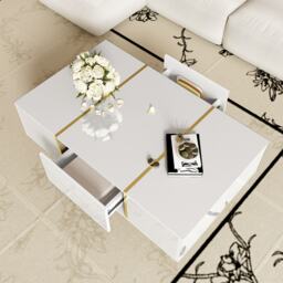 Morden Coffee Table with 2 Drawers, Easy Cleaning, Practical Storage, High-gloss Sofa Table for Living Room, 100L x 60W x 41.5H cm, White - Aosom UK - thumbnail 4