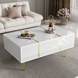 Morden Coffee Table with 2 Drawers, Easy Cleaning, Practical Storage, High-gloss Sofa Table for Living Room, 100L x 60W x 41.5H cm, White - Aosom UK - thumbnail 7