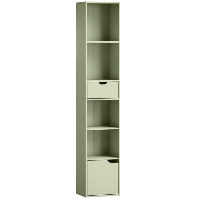 HOMCOM 6-Tier Bookcase, Tall Narrow Bookshelf with Drawer and Door - Green - image 1
