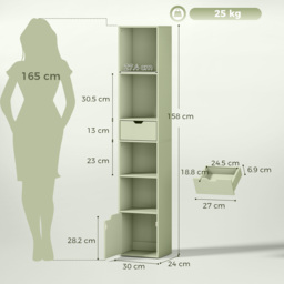 HOMCOM 6-Tier Bookcase, Tall Narrow Bookshelf with Drawer and Door - Green - thumbnail 3