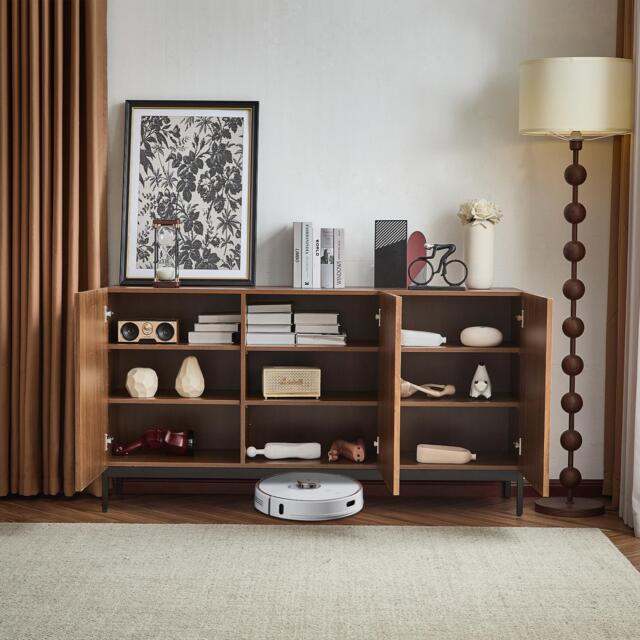 Mid-Century Sideboard with 3D Wave Design and Steel Legs, Versatile Cabinet with 3 Doors, Adjustable Shelves, 150L x 40W x 80H cm, Natural - Aosom UK - image 1