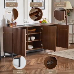 Mid-Century Sideboard with 3D Wave Design and Steel Legs, Versatile Cabinet with 3 Doors, Adjustable Shelves, 150L x 40W x 80H cm, Natural - Aosom UK - thumbnail 4