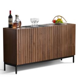 Mid-Century Sideboard with 3D Wave Design and Steel Legs, Versatile Cabinet with 3 Doors, Adjustable Shelves, 150L x 40W x 80H cm, Natural - Aosom UK - thumbnail 9