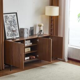 Mid-Century Sideboard with 3D Wave Design and Steel Legs, Versatile Cabinet with 3 Doors, Adjustable Shelves, 150L x 40W x 80H cm, Natural - Aosom UK - thumbnail 8