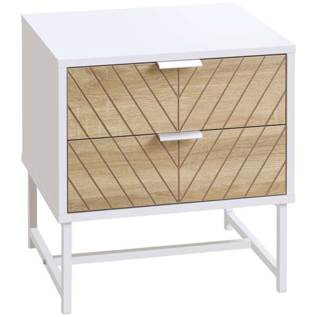 HOMCOM Contemporary Bedside Cabinet: White & Oak Nightstand with 2 Drawers, Metal Frame, Sofa Side Table - Aosom UK - image 1