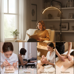 HOMCOM Half Moon Lash Light, Beauty Floor Lamp with 350° Rotatable Head, 7 Colour Temperature and Phone Holder, Dimmable Standing Lamp for Eyelash Extension, Tattoo, Nails, Skincare, Black - thumbnail 6