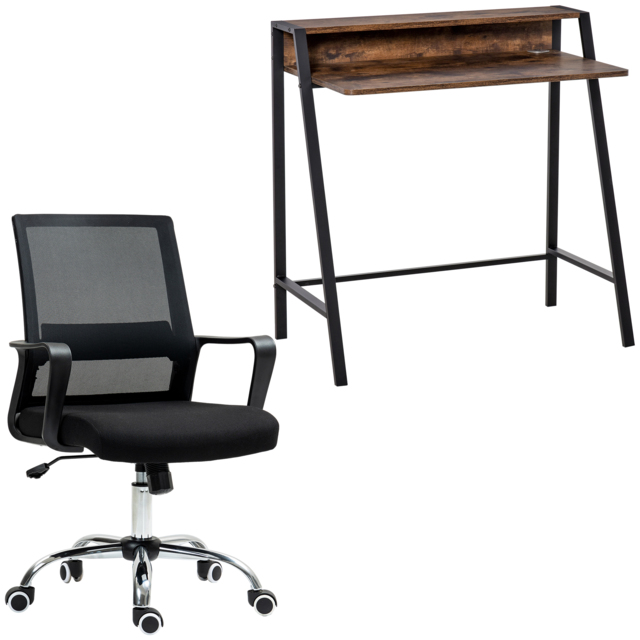 Vinsetto Home Office Chair and Computer Desk Set, Mesh Chair with Swivel Wheels, Study Desk with Storage Shelf, Rustic Brown and Black - image 1