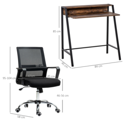 Vinsetto Home Office Chair and Computer Desk Set, Mesh Chair with Swivel Wheels, Study Desk with Storage Shelf, Rustic Brown and Black - thumbnail 3