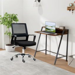 Vinsetto Home Office Chair and Computer Desk Set, Mesh Chair with Swivel Wheels, Study Desk with Storage Shelf, Rustic Brown and Black - thumbnail 2