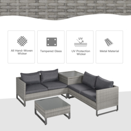 Outsunny 4-Seater PE Rattan Sofa Set Wicker Garden Furniture Outdoor Conservatory Furniture Coffee Table w/ Side Storage Box & Cushion, Grey - AOSOM UK - thumbnail 5