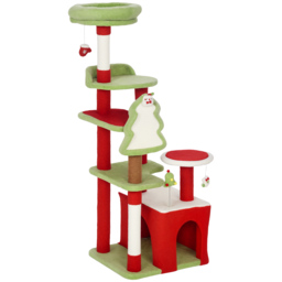 PawHut Cat Tree, 120cm Christmas Cat Tower with 3 Scratching Posts, Scratching Board, 2 Perches, Platforms, Toys, Green - thumbnail 1