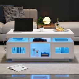 Modern Coffee Table with App-Controlled LED and USB Port, Space-Saving Unit with Acrylic Cabinets and Storage, 100L x 50W x 43H cm, White - Aosom UK