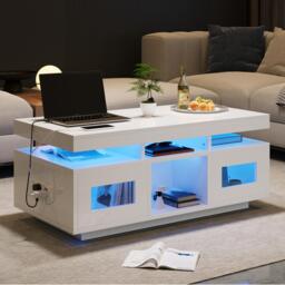 Modern Coffee Table with App-Controlled LED and USB Port, Space-Saving Unit with Acrylic Cabinets and Storage, 100L x 50W x 43H cm, White - Aosom UK - thumbnail 9