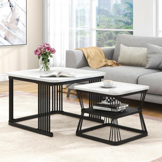 2 Piece Multi-functional Coffee Tables with Metal Frame, Marble Pattern Top, Square End Tables for Living Room, 65L x 65W x 45H cm, White - Aosom.UK - image 1