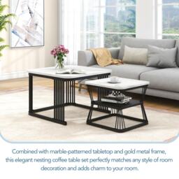 2 Piece Multi-functional Coffee Tables with Metal Frame, Marble Pattern Top, Square End Tables for Living Room, 65L x 65W x 45H cm, White - Aosom.UK - thumbnail 4