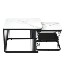 2 Piece Multi-functional Coffee Tables with Metal Frame, Marble Pattern Top, Square End Tables for Living Room, 65L x 65W x 45H cm, White - Aosom.UK - thumbnail 2
