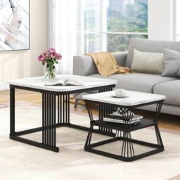 2 Piece Multi-functional Coffee Tables with Metal Frame, Marble Pattern Top, Square End Tables for Living Room, 65L x 65W x 45H cm, White - Aosom.UK