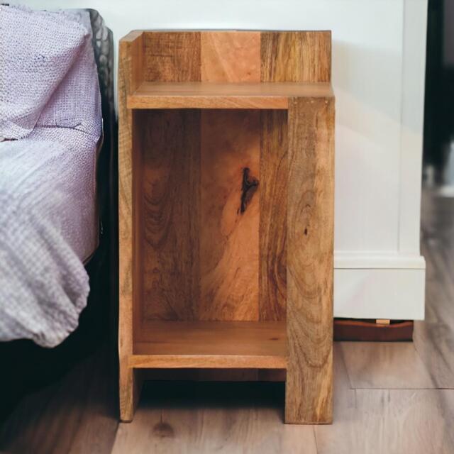 Solid Mango Wood Bedside Table with Open Box Storage and Shelf, Handcrafted Desk with Clear Natural Finish, 28L x 28W x 50H cm, Brown - Aosom UK - image 1