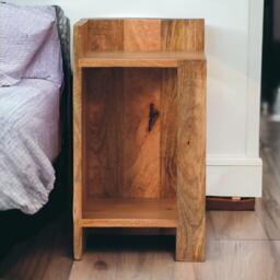 Solid Mango Wood Bedside Table with Open Box Storage and Shelf, Handcrafted Desk with Clear Natural Finish, 28L x 28W x 50H cm, Brown - Aosom UK - thumbnail 1