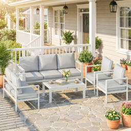 Outsunny 5 Pieces Aluminium Garden Furniture Set with Olefin Cushions, Extra Deep Outdoor Garden Sofa Set, White - thumbnail 2