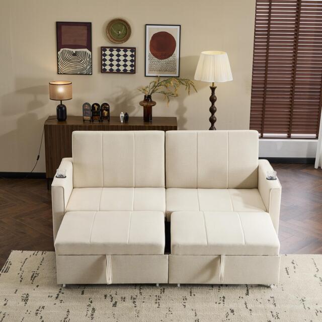 King-Size Pull-Out Sofa Bed with 3-in-1 Convertible 2-Seater, Independent Convertible Couch with Solid Frame, 207L x 87W x 96H cm, Beige - Aosom UK - image 1