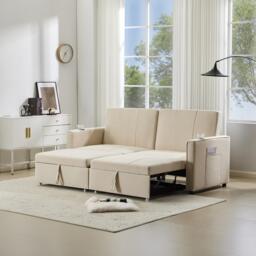 King-Size Pull-Out Sofa Bed with 3-in-1 Convertible 2-Seater, Independent Convertible Couch with Solid Frame, 207L x 87W x 96H cm, Beige - Aosom UK - thumbnail 8