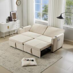 King-Size Pull-Out Sofa Bed with 3-in-1 Convertible 2-Seater, Independent Convertible Couch with Solid Frame, 207L x 87W x 96H cm, Beige - Aosom UK - thumbnail 7