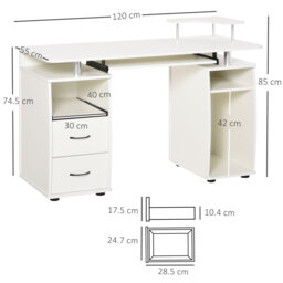 HOMCOM Office PC Desk, Computer Table Workstation with Keyboard Tray, CPU Shelf, Drawers, Sliding Scanner Shelf, White - Aosom UK - thumbnail 3