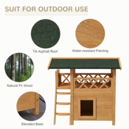 PawHut Cat House Outdoor w/ Balcony Stairs Roof, 77 x 50 x 73 cm, Natural - Aosom UK - thumbnail 5