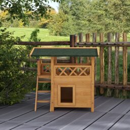 PawHut Cat House Outdoor w/ Balcony Stairs Roof, 77 x 50 x 73 cm, Natural - Aosom UK - thumbnail 8