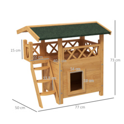 PawHut Cat House Outdoor w/ Balcony Stairs Roof, 77 x 50 x 73 cm, Natural - Aosom UK - thumbnail 3