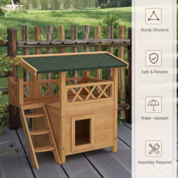 PawHut Cat House Outdoor w/ Balcony Stairs Roof, 77 x 50 x 73 cm, Natural - Aosom UK - thumbnail 6