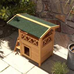 PawHut Cat House Outdoor w/ Balcony Stairs Roof, 77 x 50 x 73 cm, Natural - Aosom UK - thumbnail 9