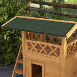 PawHut Cat House Outdoor w/ Balcony Stairs Roof, 77 x 50 x 73 cm, Natural - Aosom UK - thumbnail 7