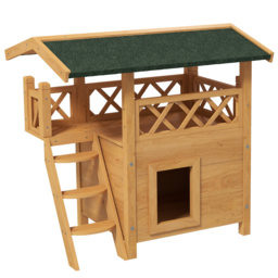 PawHut Cat House Outdoor w/ Balcony Stairs Roof, 77 x 50 x 73 cm, Natural - Aosom UK - thumbnail 1