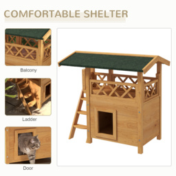 PawHut Cat House Outdoor w/ Balcony Stairs Roof, 77 x 50 x 73 cm, Natural - Aosom UK - thumbnail 4
