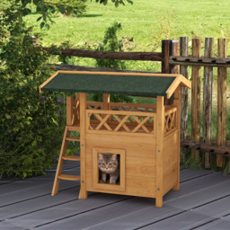 PawHut Cat House Outdoor w/ Balcony Stairs Roof, 77 x 50 x 73 cm, Natural - Aosom UK - thumbnail 2