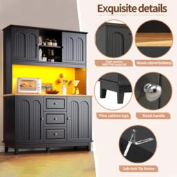 Tall Kitchen Sideboard Cabinet with App-Controlled Changing LED Lighting, Cupboard with Open Display Shelf, 120L x 40W x 180H cm, Black - Aosom UK - thumbnail 4